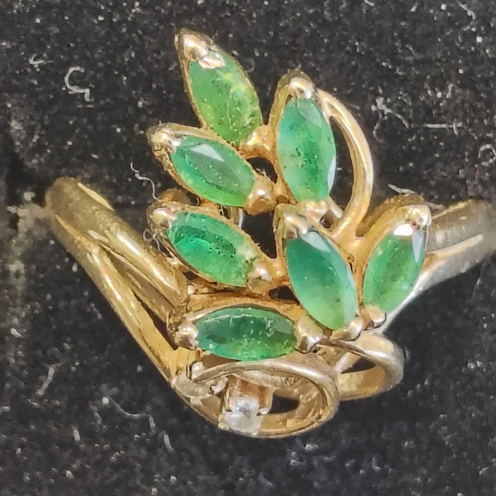 Gold Ring with Green Marquise Stones - Elegant Leaf Design